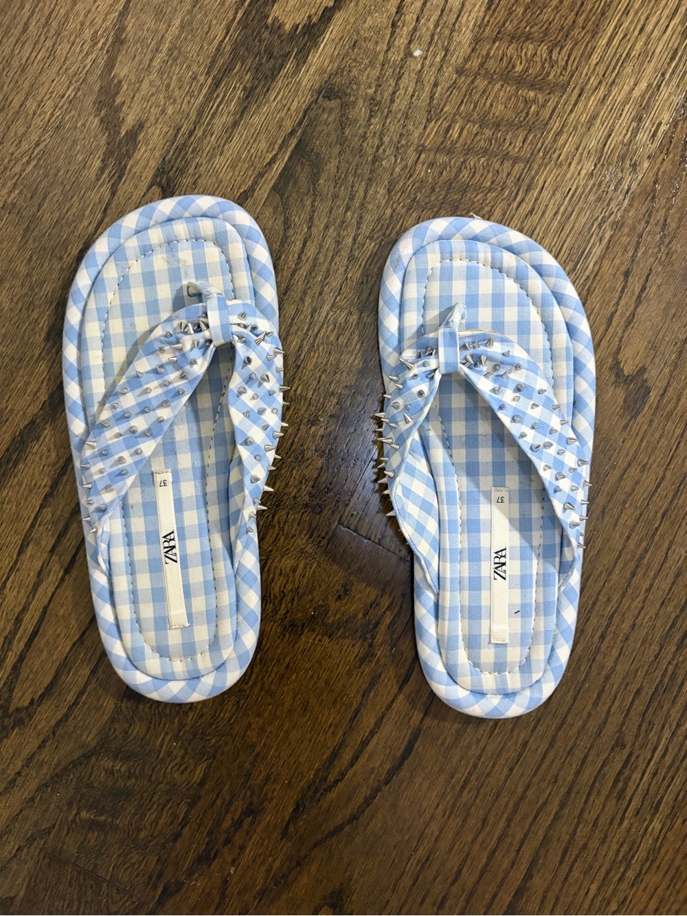 ZARA Kids Light Blue Gingham Studded Flip Flops
